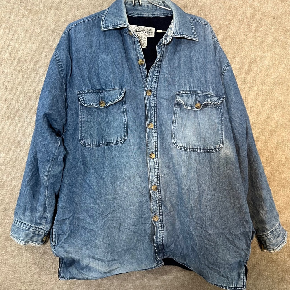 Vintage Gunnison Denim Shirt Jacket L Fleece Lined Blue Workwear Shacket Thrash